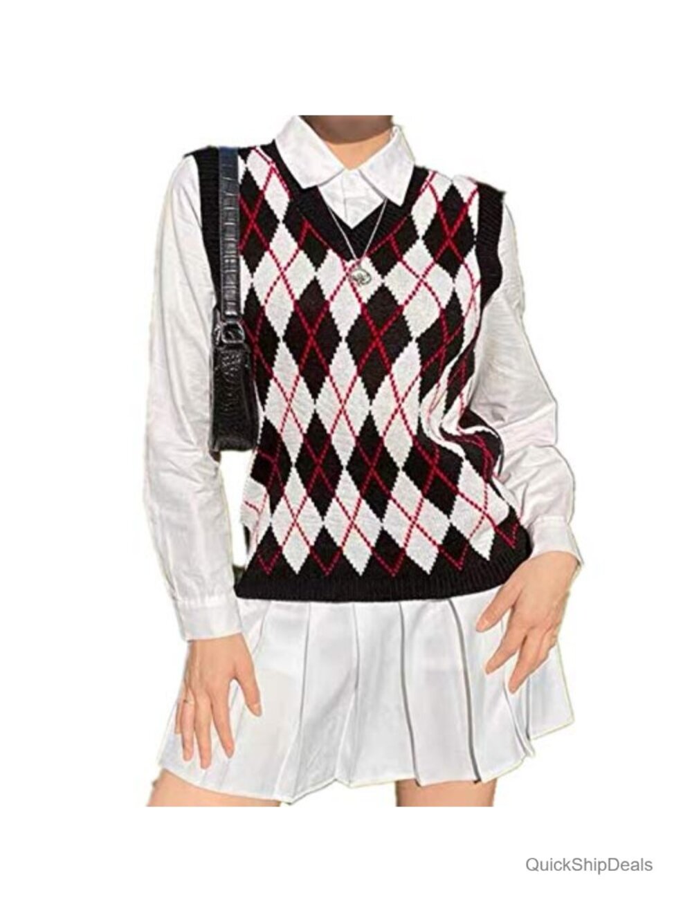 Sleeveless V Neck Argyle Plaid Sweater Vest Loose Knitted Preppy Tank Top